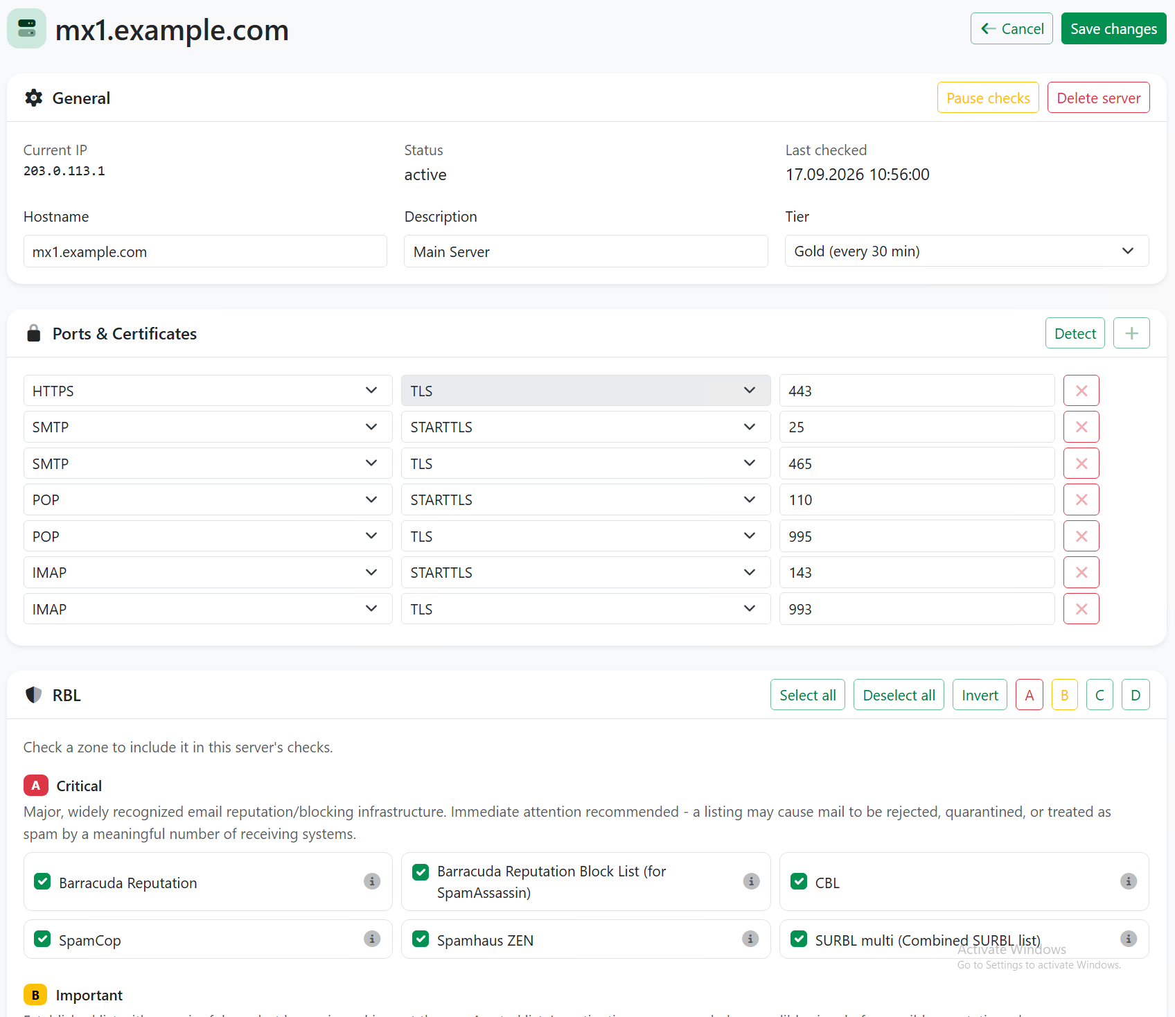 MX Radar settings - general info, monitored ports and certificates, and the RBL zone picker